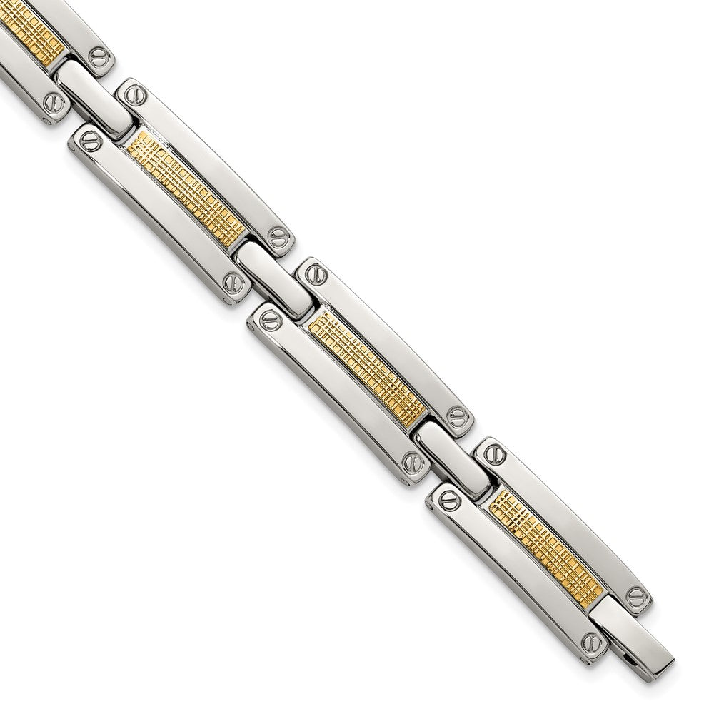 Chisel Stainless Steel Polished with 14K Gold Accent Basket Weave Pattern 8.5 inch Link Bracelet 8.5 inches
