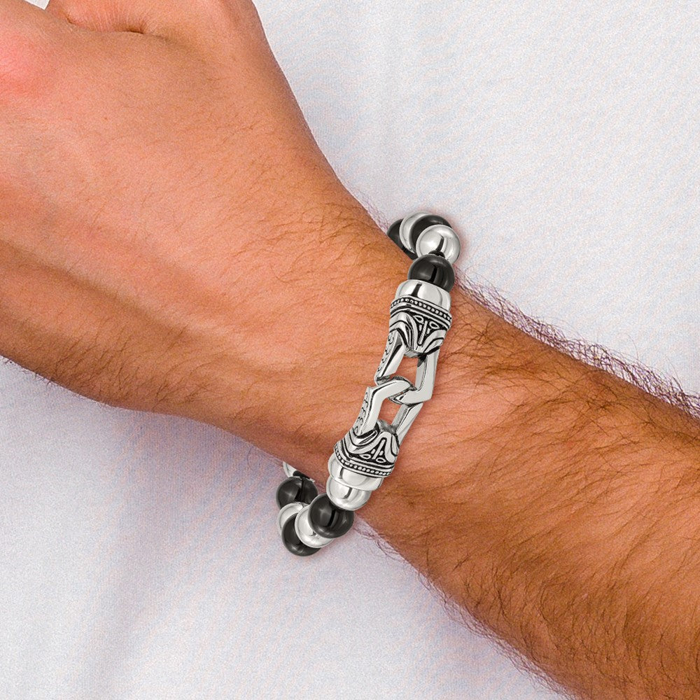 Stainless Steel Antiqued and Polished Black Agate Stretch Bracelet 7.25 inches