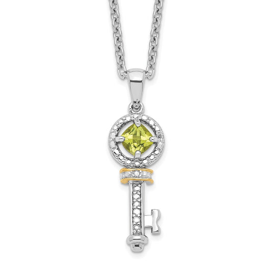 Brilliant Gemstones Sterling Silver with 14K Accent Rhodium-plated Peridot and Diamond Key 18 Inch Necklace with 2 Inch Extender 17 Inches