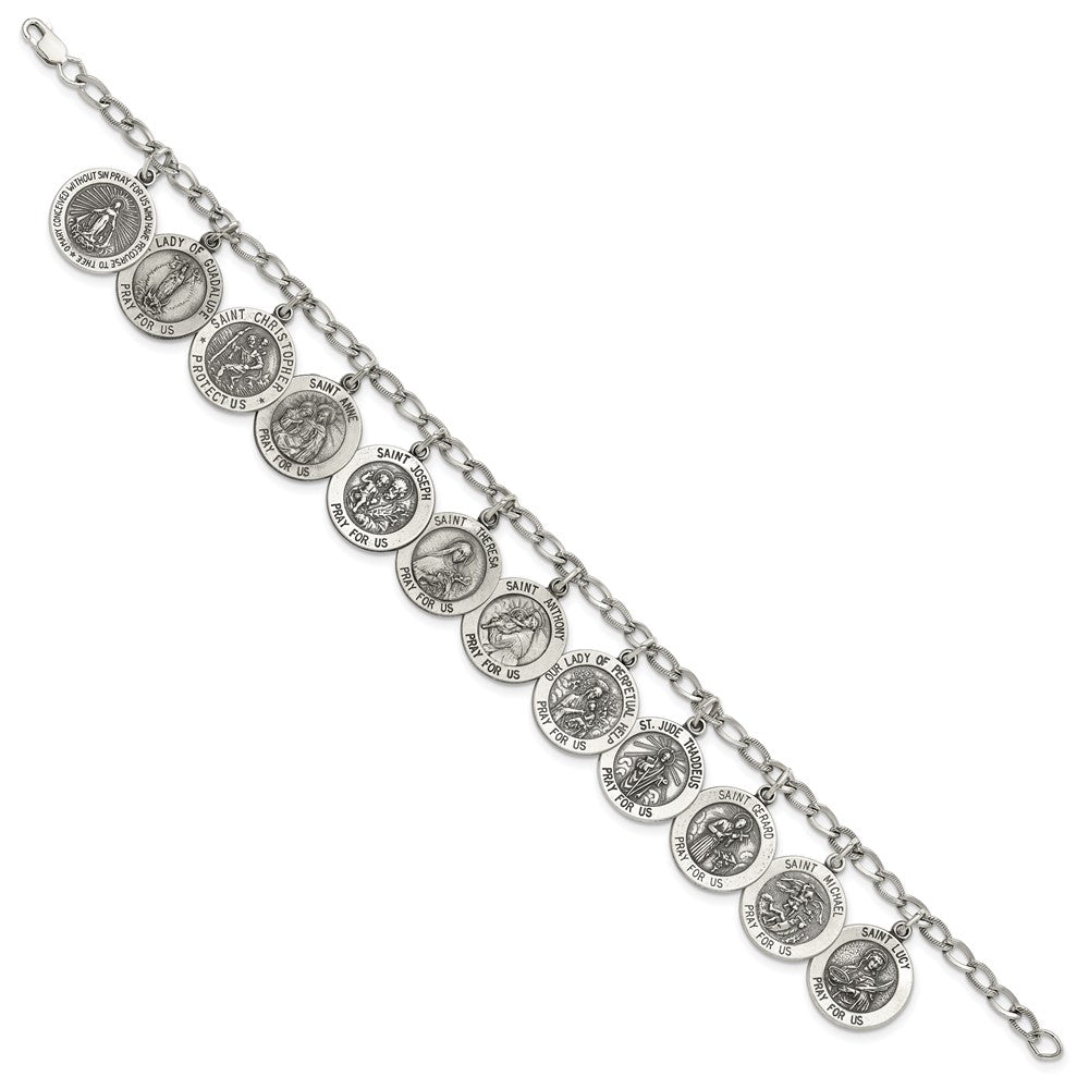 Sterling Silver Antiqued 12 Saints 8in Bracelet 7 inches