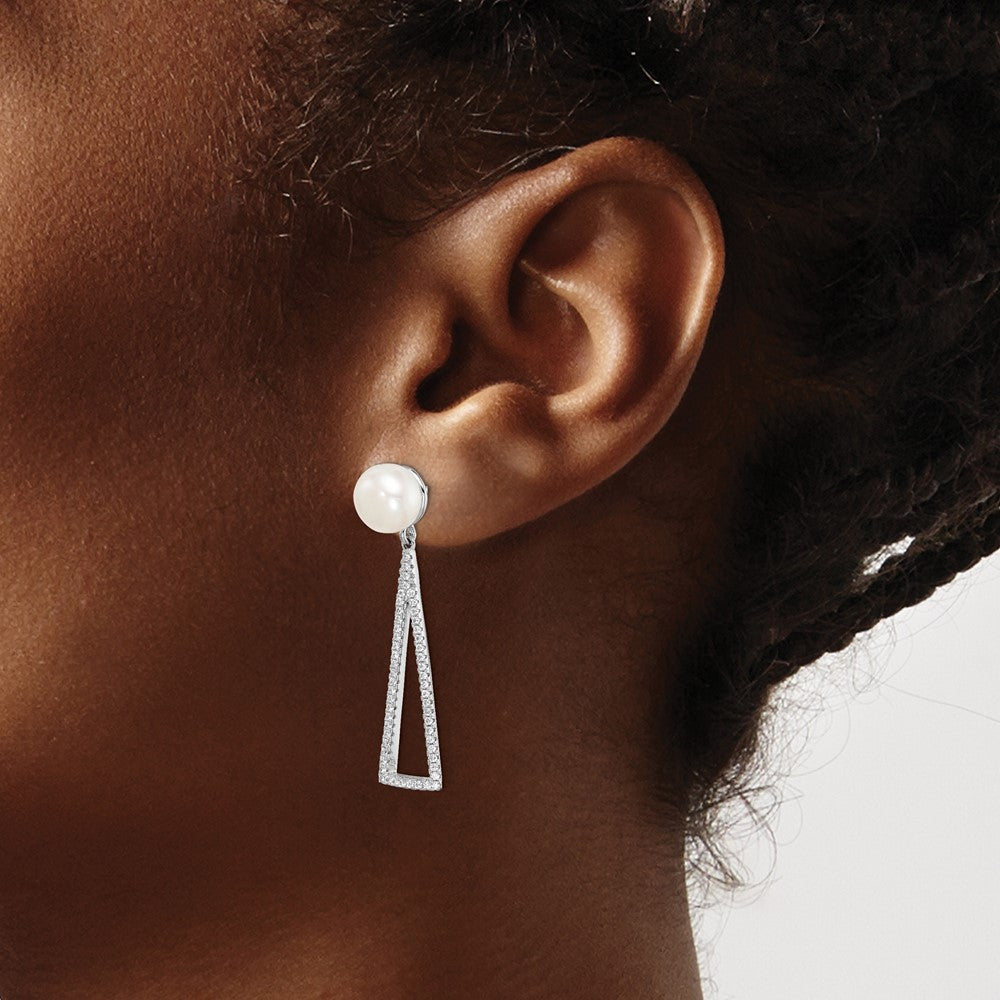 Sterling Silver Rhodium-plated 8-9mm White Button FWC Pearl CZ Earrings