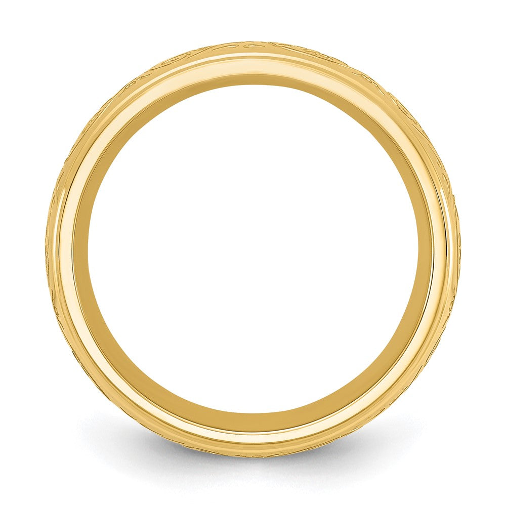 Stainless Steel Polished Yellow IP Etched Design Ridged Edge 7.5mm Band Size - 10.5
