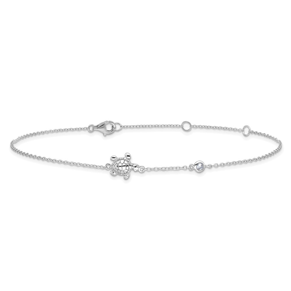 Sterling Silver Rhodium-plated Polished CZ Turtle 9 inch with a 2 inch extention Anklet 9 inches