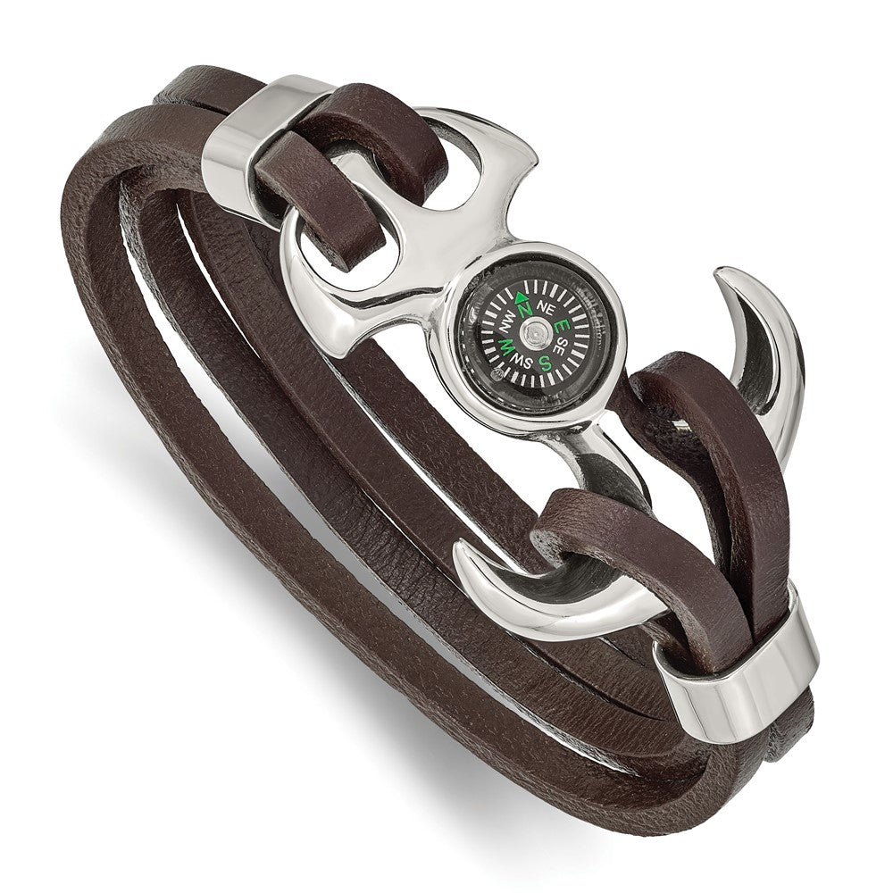 Stainless Steel Polished Functional Compass Brown Leather 8.5in Bracelet 8.5 inches