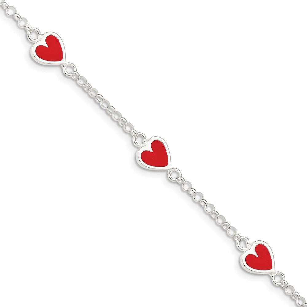 Sterling Silver Polished & Red Enamel Heart w/ 1in ext Children's Bracelet 6 inches