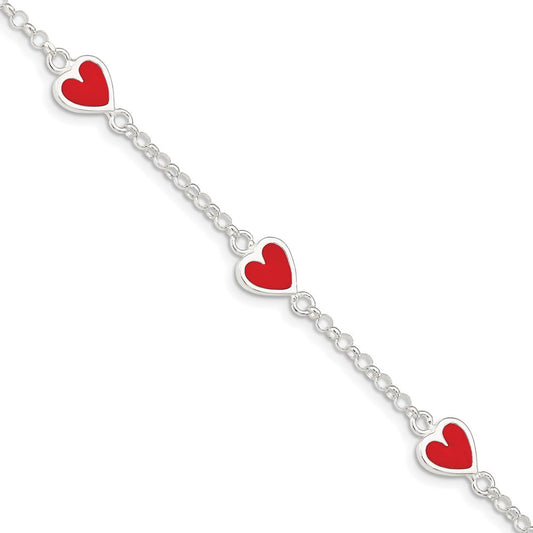 Sterling Silver Polished & Red Enamel Heart w/ 1in ext Children's Bracelet 6 inches
