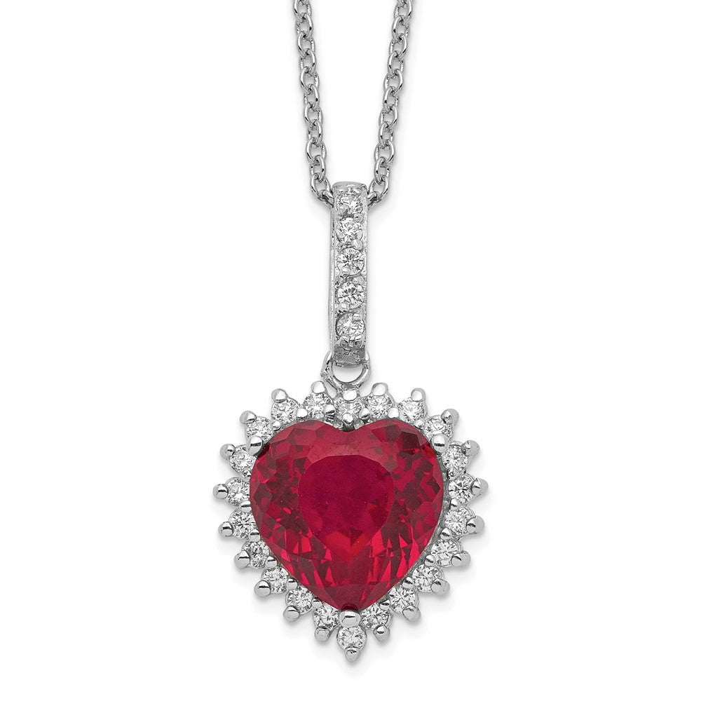 Cheryl M Sterling Silver Rhodium-plated 100 Facet Lab Created Ruby and Brilliant-cut White CZ Heart Halo 18 Inch Necklace 18 Inches