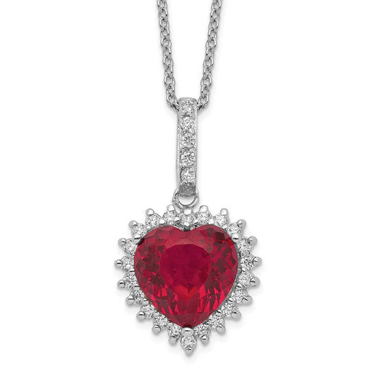 Cheryl M Sterling Silver Rhodium-plated 100 Facet Lab Created Ruby and Brilliant-cut White CZ Heart Halo 18 Inch Necklace 18 Inches