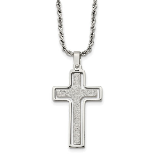 Stainless Steel Polished & Laser Cut Cross 22in Necklace