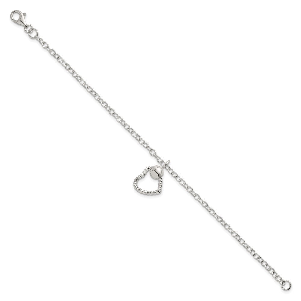 Sterling Silver Polished and Twisted Heart Dangle 7.5 Inch Cable Chain Bracelet 7.5 inches