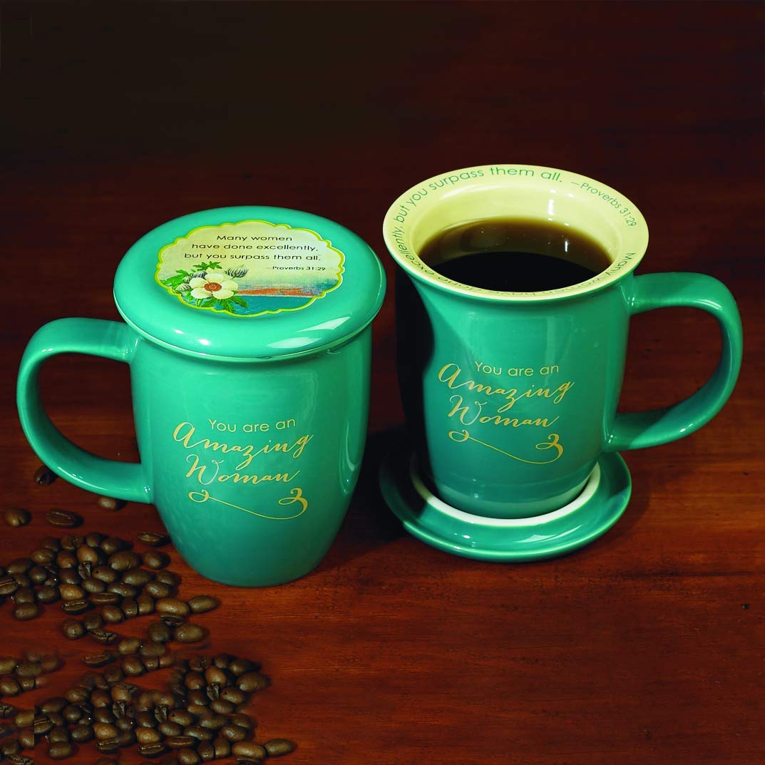 Cathedral Art-DBA Abbey Gift 096822 Mug Grace Outpoured Amazing Woman Interior with Coaster Lid, Teal & Cream