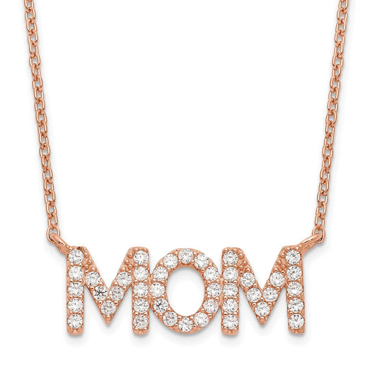 Sterling Silver Polished Rose-tone CZ MOM 18in Necklace 18 Inches