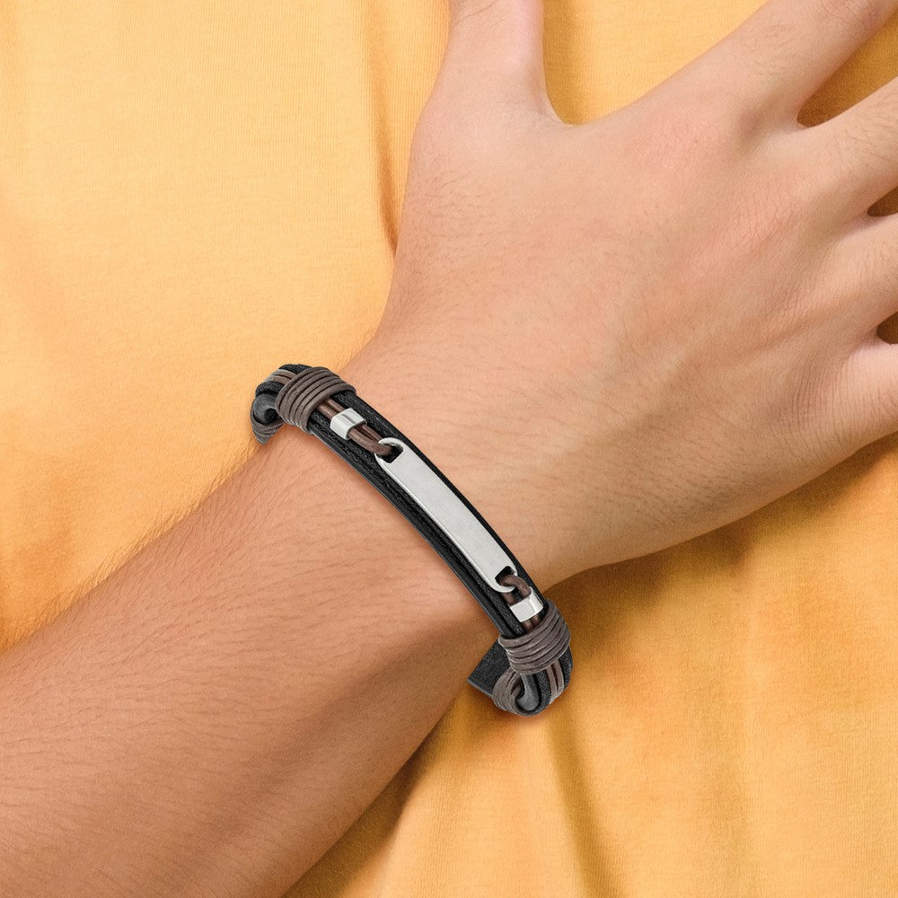 Stainless Steel Polished Black and Brown Leather 8.25in Bracelet 8.25 inches