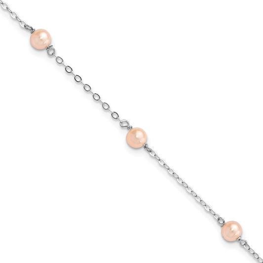 Sterling Silver Rhodium-plated 4-5mm Pink Semi-Round Freshwater Cultured Pearl 3-Station 5 inch with 1 inch Extension Children's Bracelet 6 inches