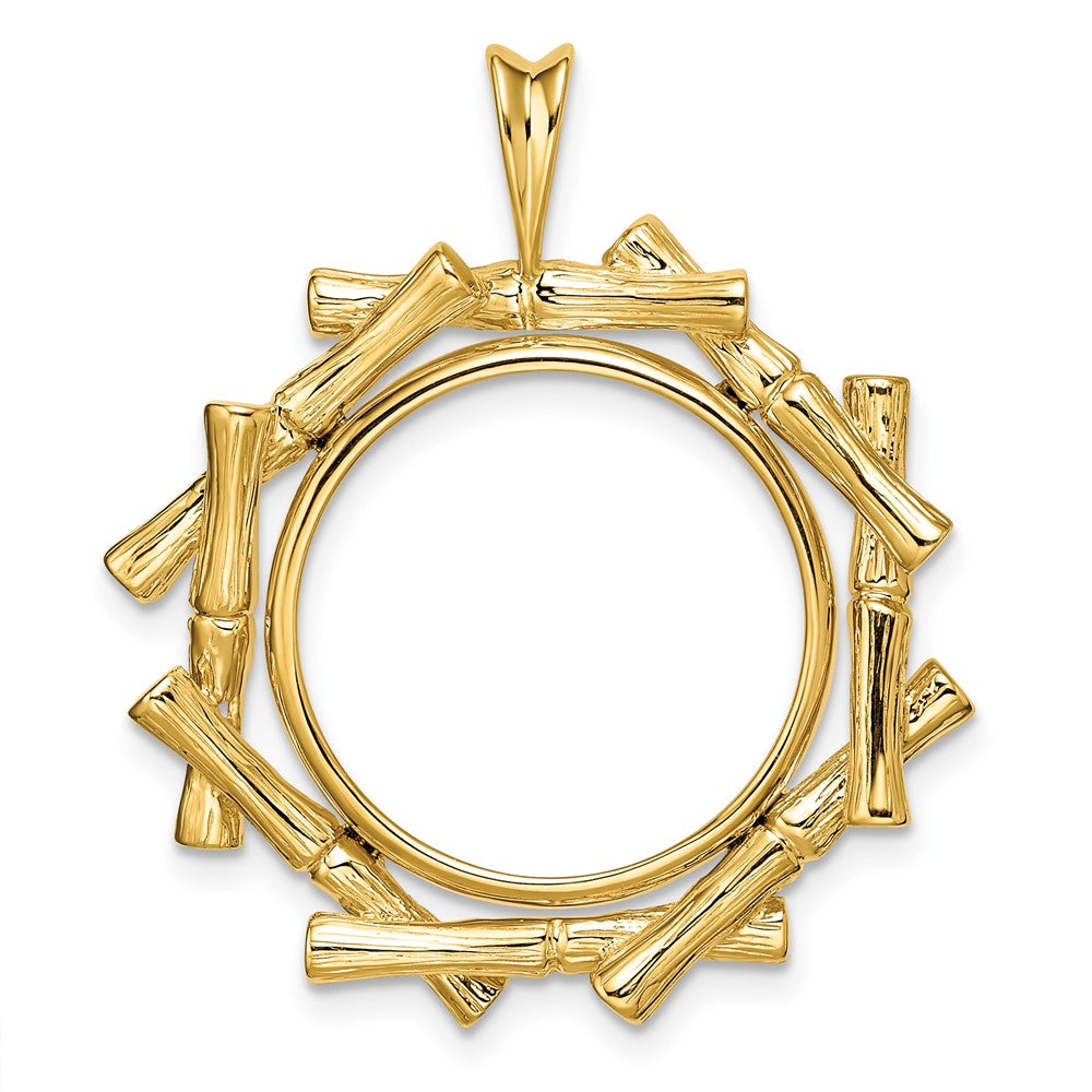 Wideband Distinguished Coin Jewelry 14k Polished and Textured Overlap Bamboo 18.0mm Prong Coin Bezel Pendant