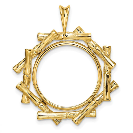Wideband Distinguished Coin Jewelry 14k Polished and Textured Overlap Bamboo 18.0mm Prong Coin Bezel Pendant