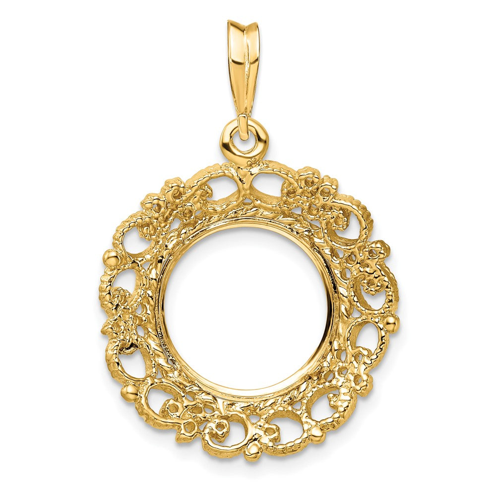 Wideband Distinguished Coin Jewelry 14k Polished and Textured Victorian 13.0mm Prong Coin Bezel Pendant