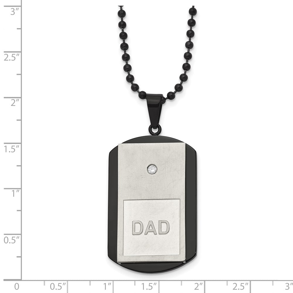 Stainless Steel Brushed & Polished Black IP w/CZ DAD Dog Tag Necklace