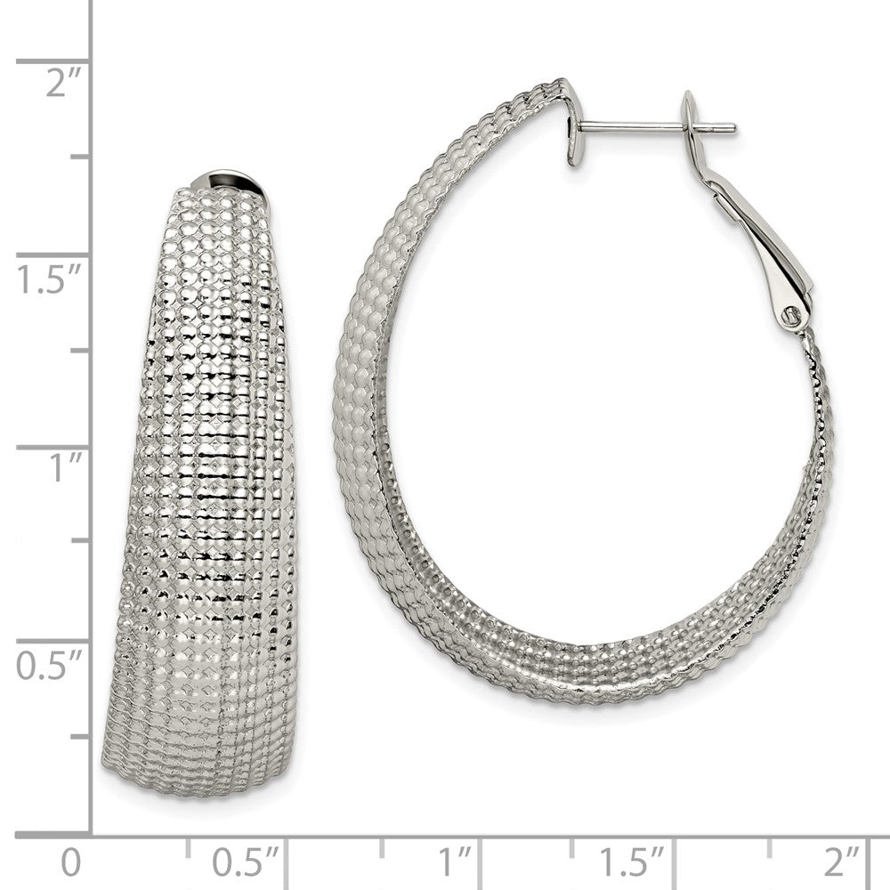 Stainless Steel Polished and Textured Oval Omega Back Hoop Earrings
