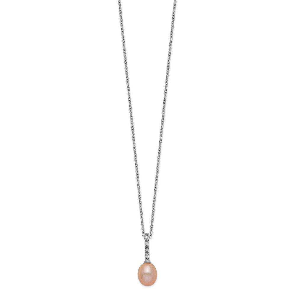 Sterling Silver Rhodium-plated 7-8mm Pink Teardrop Freshwater Cultured Pearl and CZ 17 inch Necklace 17 Inches
