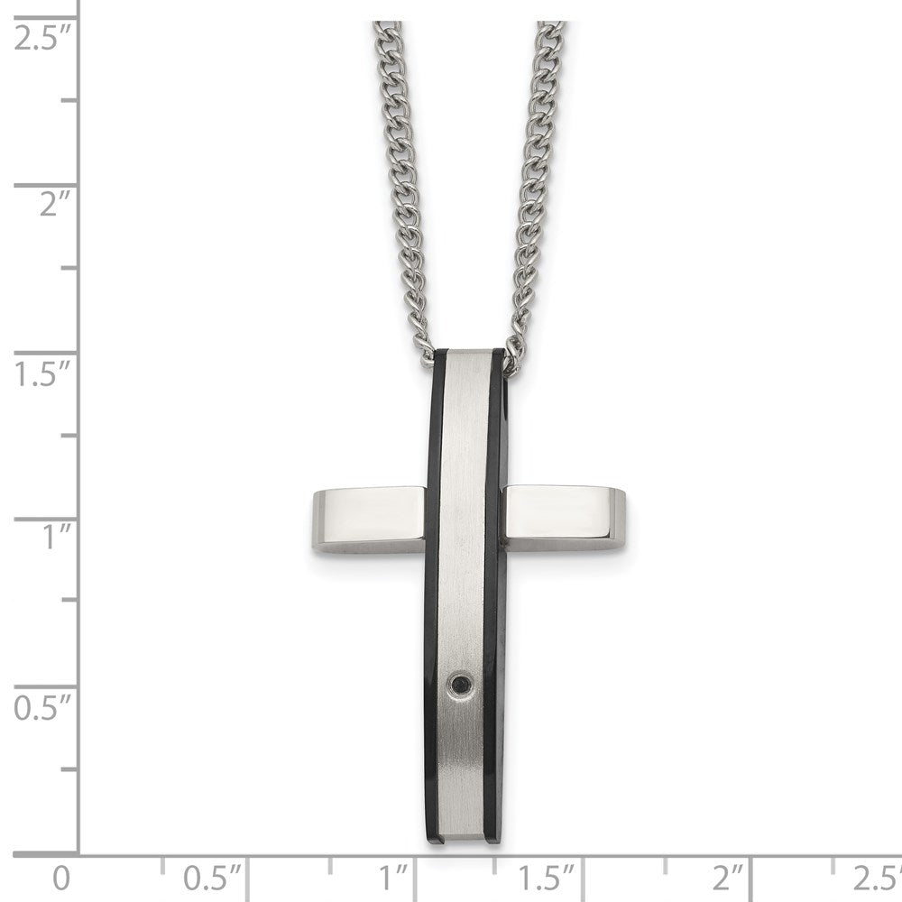 Stainless Steel Polished Black IP-plated .01ct Diamond Cross Necklace