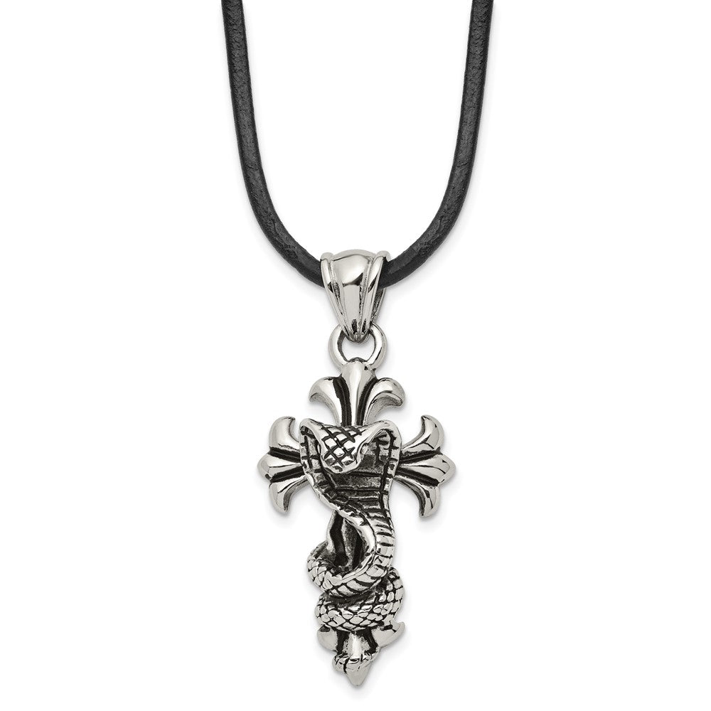Stainless Steel Antiqued and Polished Snake on Cross 20in Leather Necklace