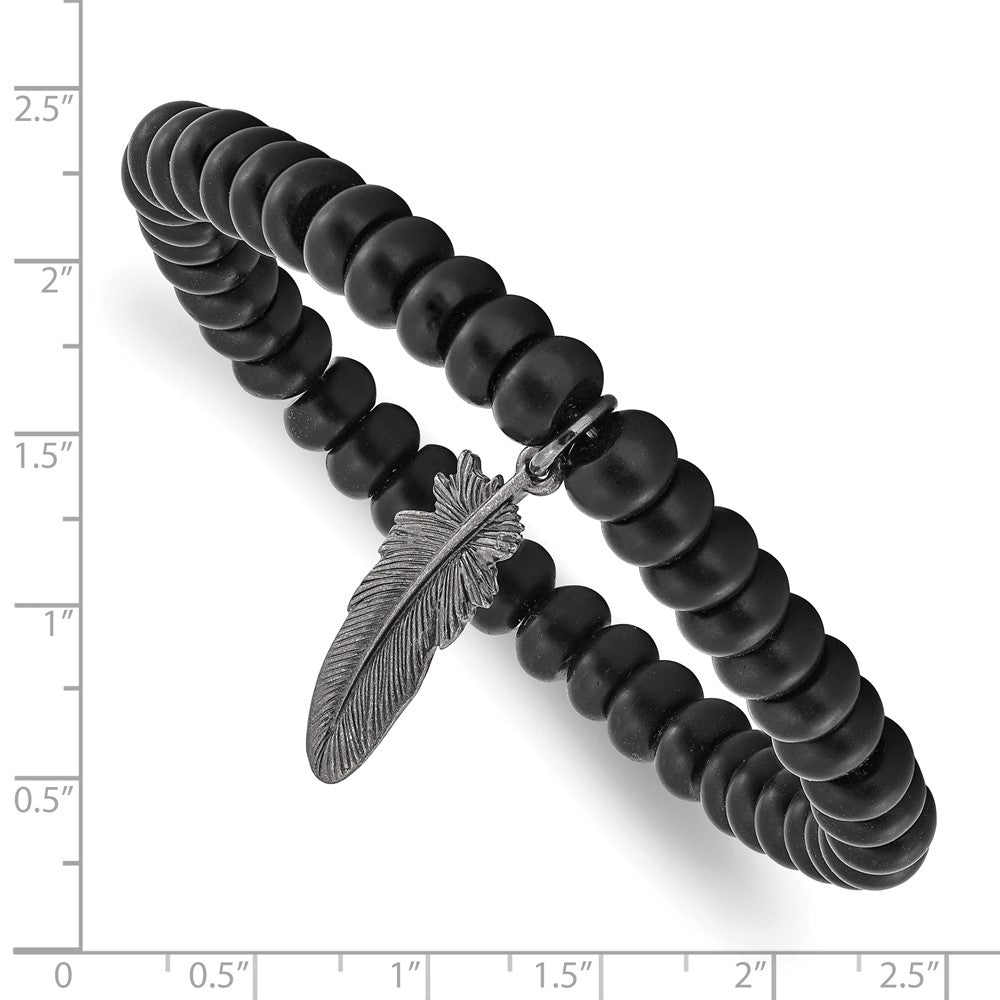 Belle Amore Matte Blk Agate Rhondelle & Brass Feather Beaded Bracelet