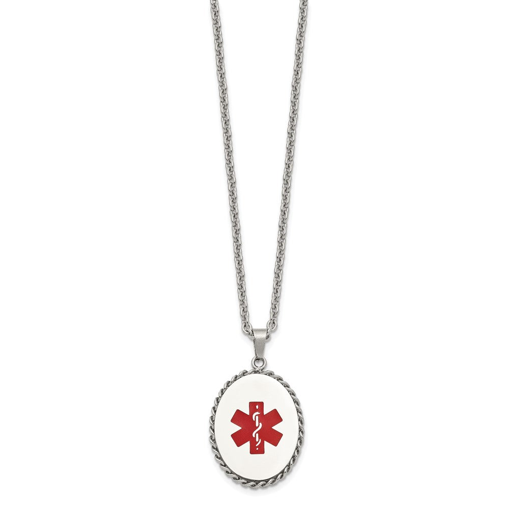 Stainless Steel Polished w/Red Enamel Oval Medical ID 20in Necklace