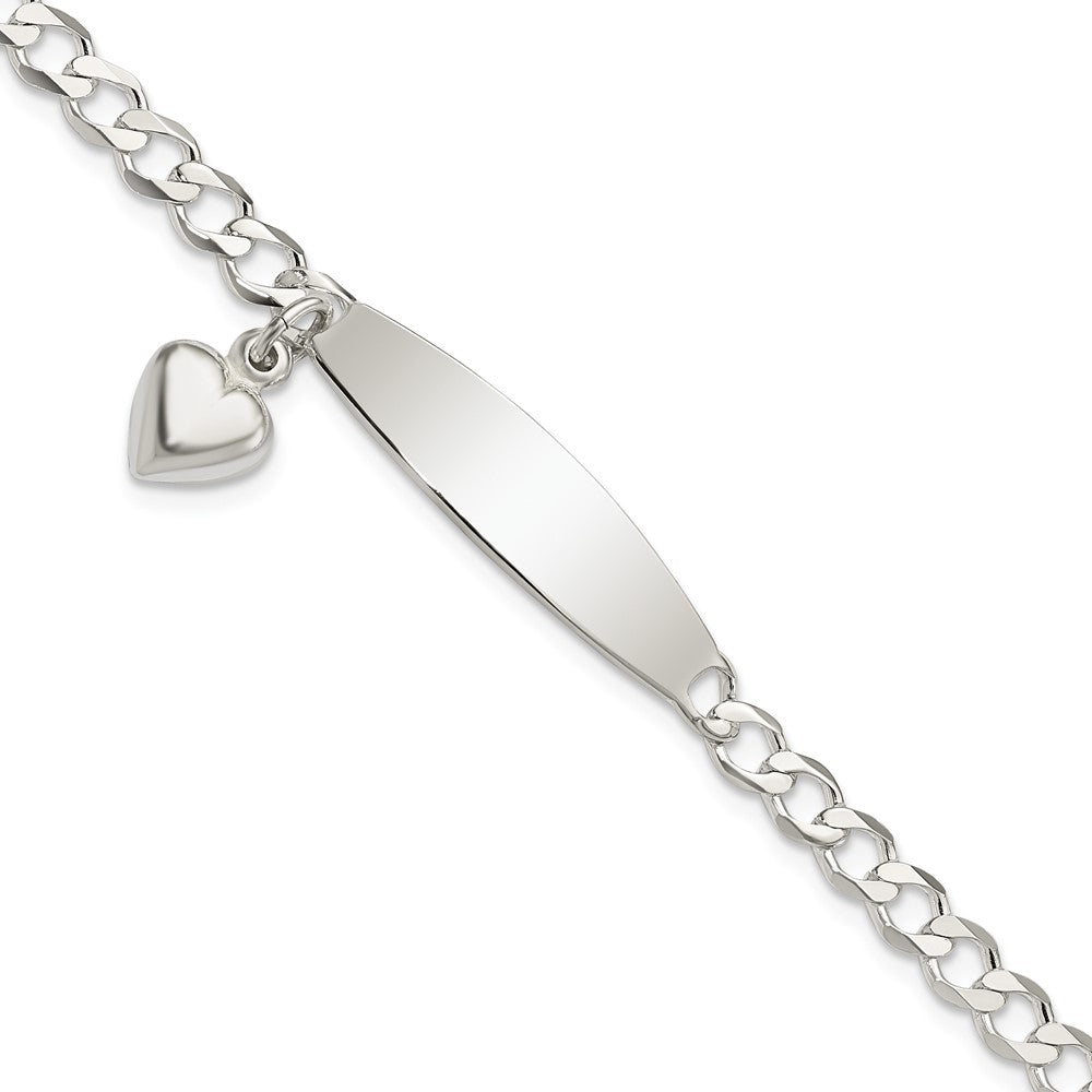 Sterling Silver Polished Curb Link ID Heart Dangle Bracelet 7.5 inches