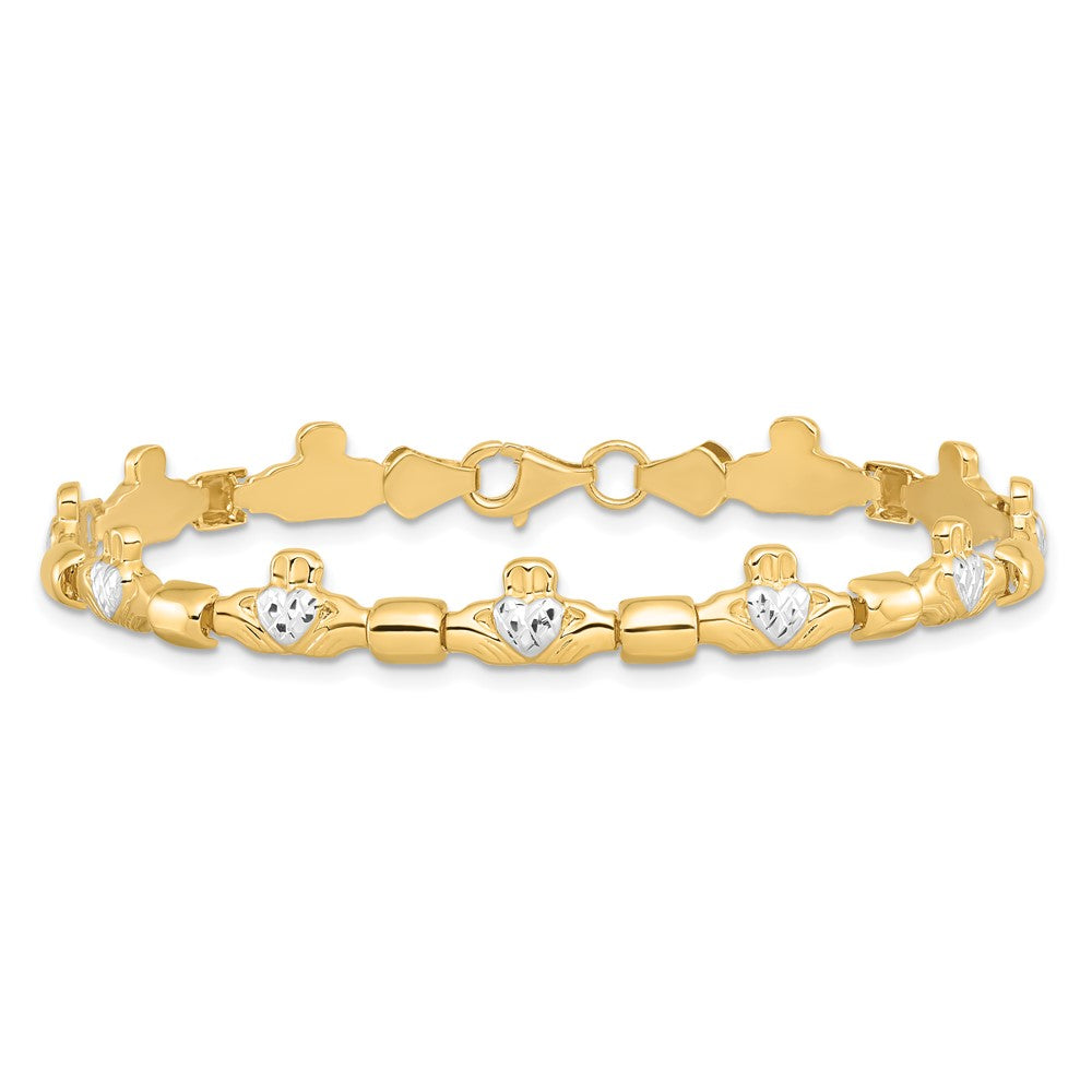 14K w/ Rhodium D/C Claddagh Polished Link Bracelet