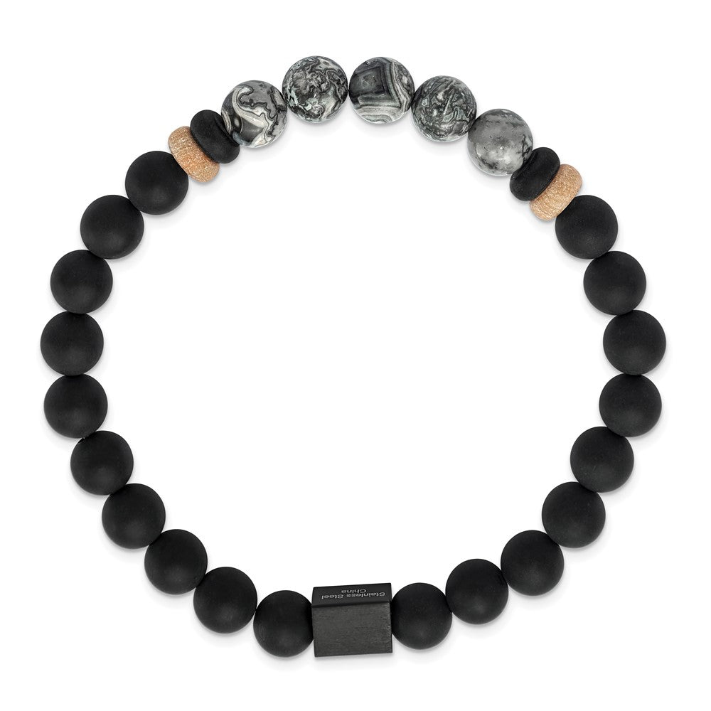 Stainless Steel Brushed Black IP Black Agate/Grey Jasper Stretch Bracelet 7.25 inches