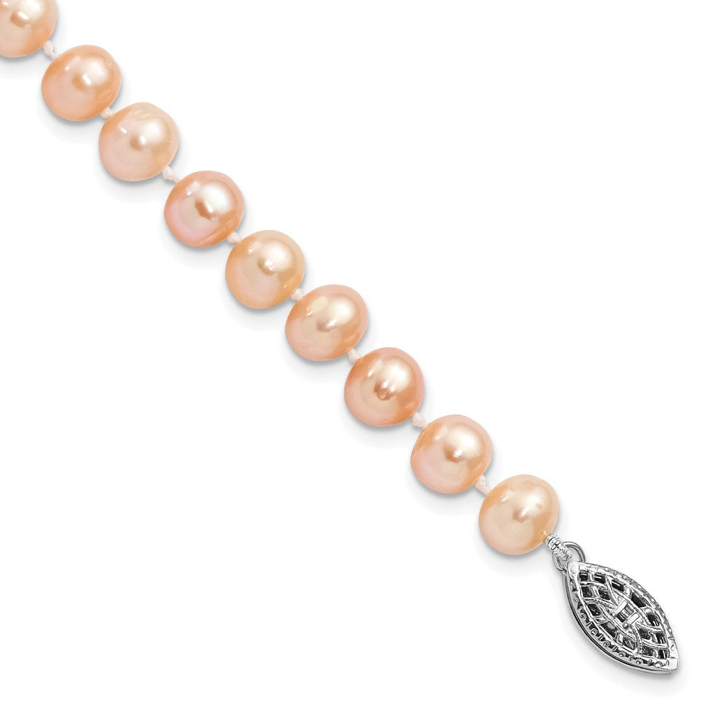 Sterling Silver Rhodium-plated 6-7mm Pink Near-Round Freshwater Cultured Pearl 7.25 inch Bracelet 7.25 inches