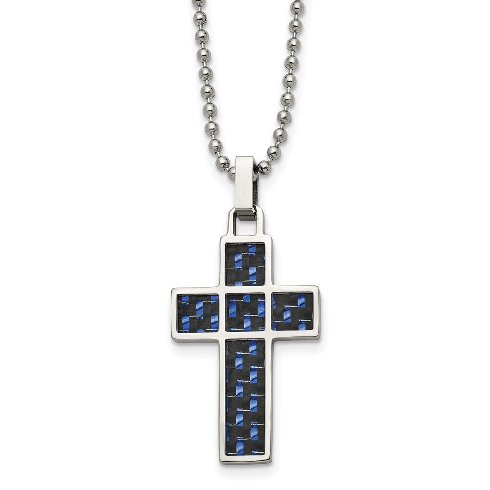 Stainless Steel Polished Black/Blue Carbon Fiber Inlay Cross 20in Necklace