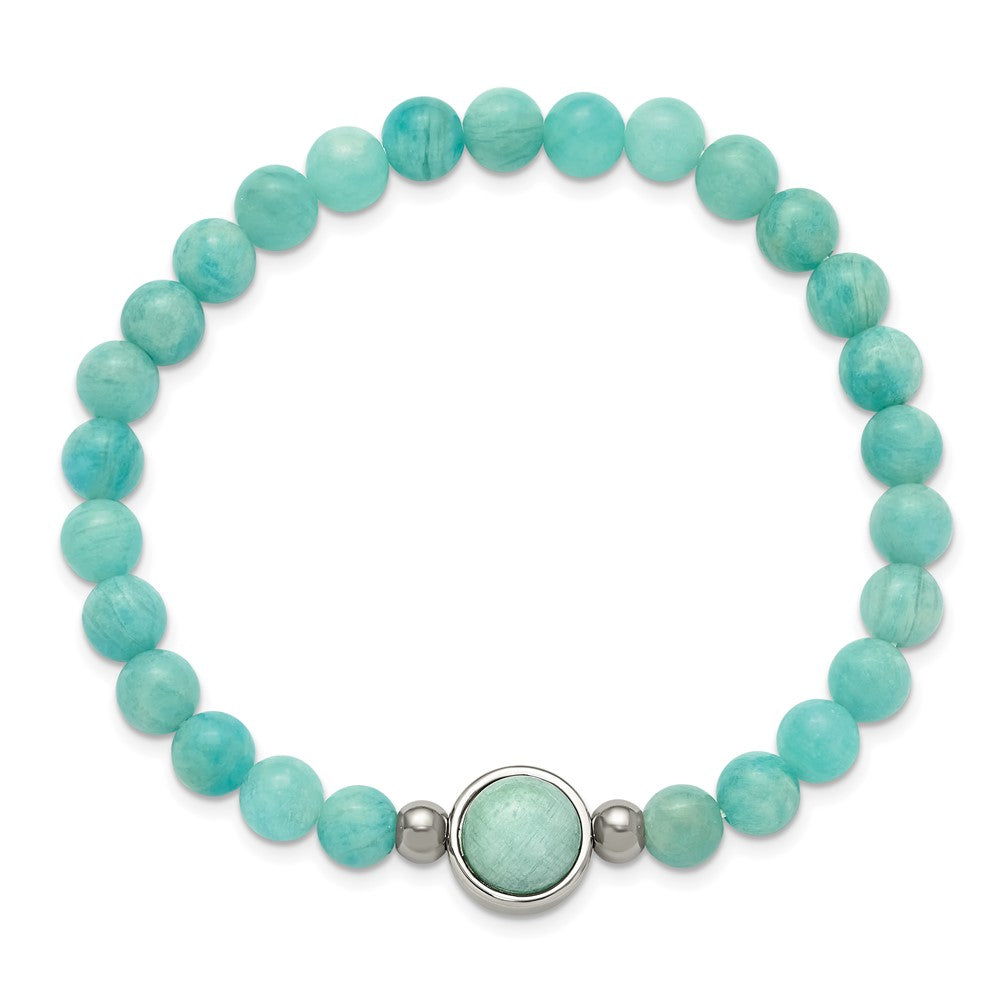 Chisel Stainless Steel Polished 6.5mm China Amazonite Beaded 7 inch Stretch Bracelet 7 inches