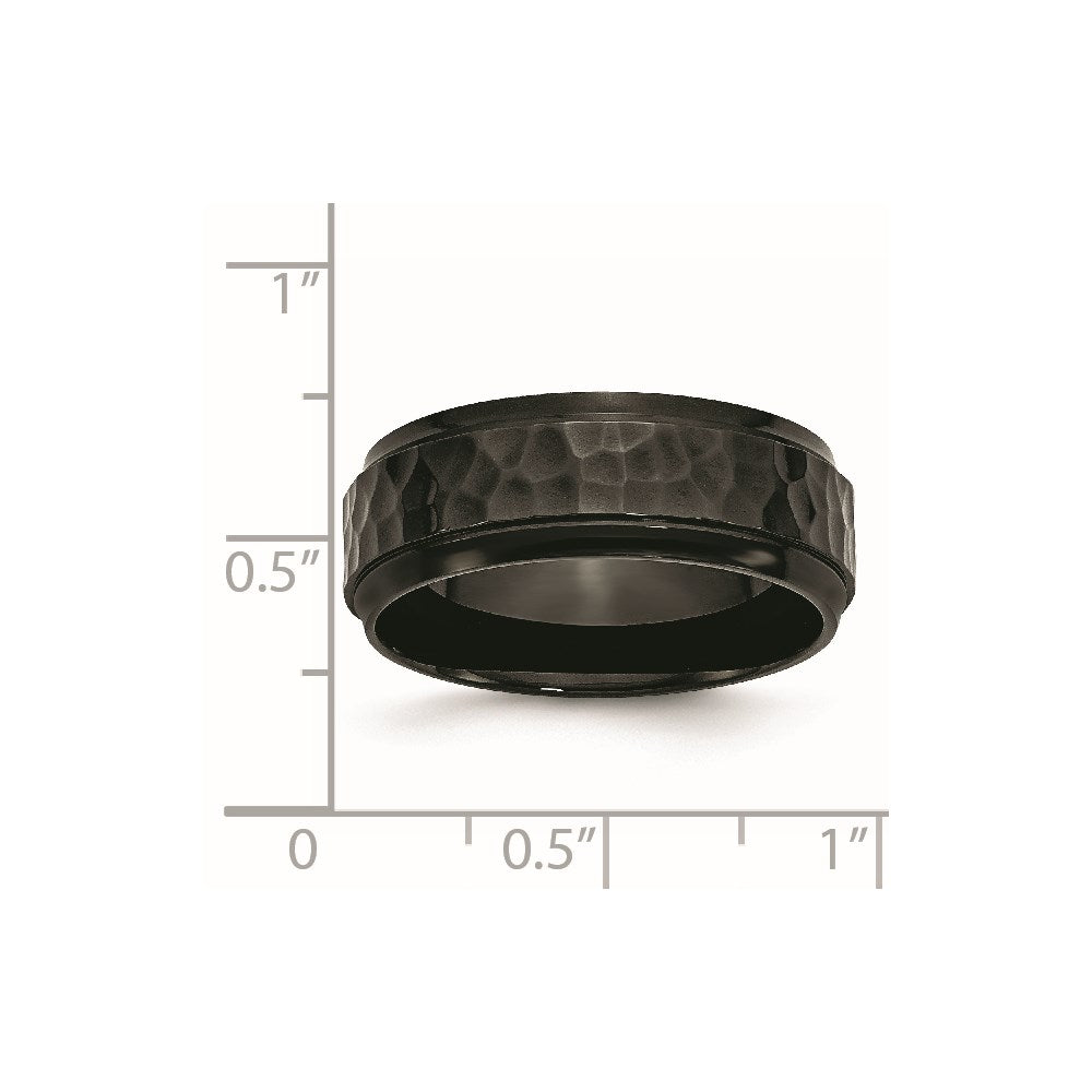 Stainless Steel Polished/Hammered Black IP-plated 8mm Beveled Edge Band Size - 13