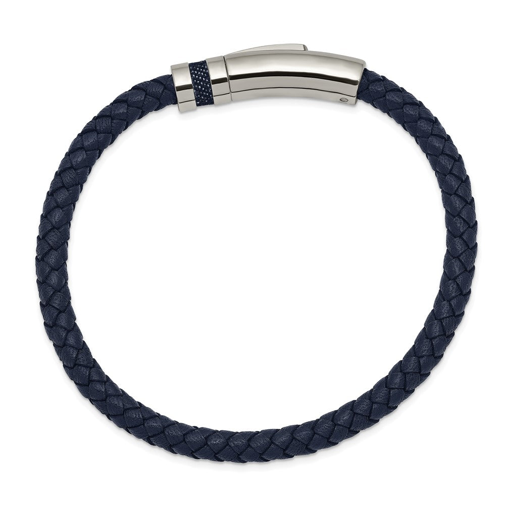 Stainless Steel Polished Blue Leather 8.25in Bracelet 8.25 inches