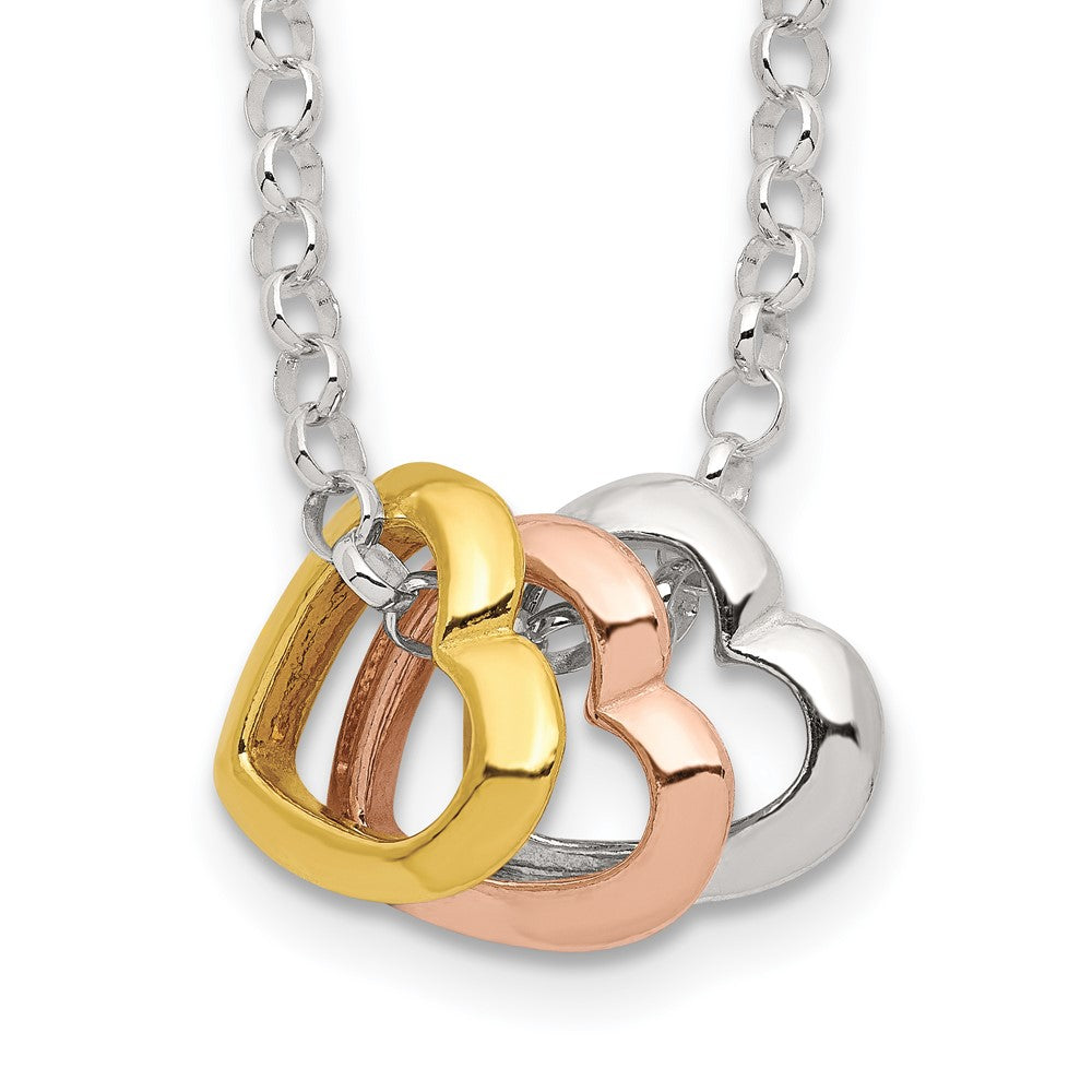 Sterling Silver and Vermeil Polished Fancy 3-Heart Necklace 18 Inches