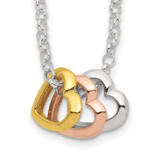 Sterling Silver and Vermeil Polished Fancy 3-Heart Necklace 18 Inches