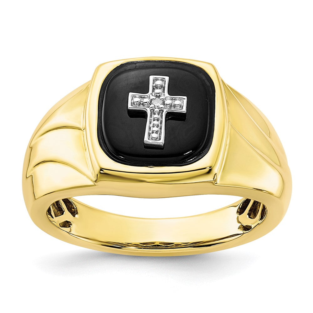 10K Polished Onyx & Diamond Cross Ring