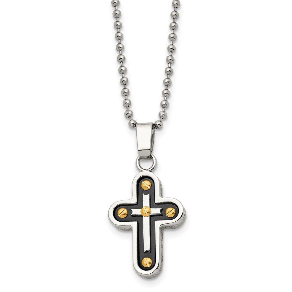 Stainless Steel Polished Black and Yellow IP-plated Cross 22in Necklace