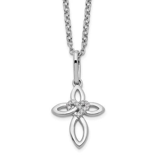 White Ice Sterling Silver Rhodium-plated 18 Inch Diamond Cross with Heart Necklace with 2 Inch Extender 18 Inches
