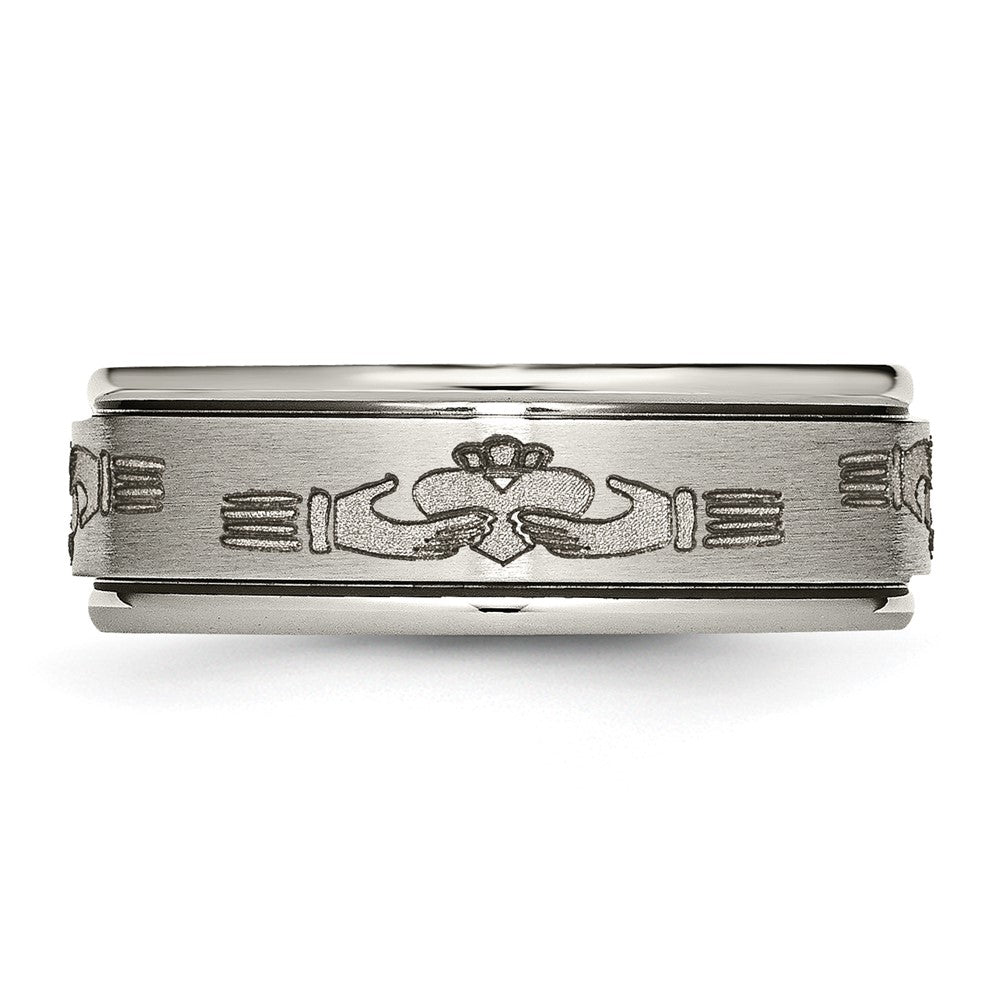 Titanium Brushed/Polished Claddagh Laser Design 8mm Ridged Edge Band Size - 12