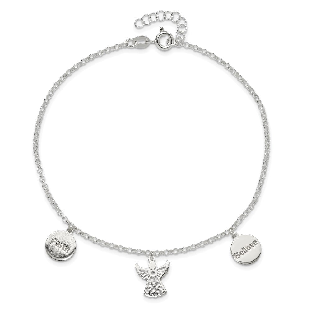 Sterling Silver Faith, Believe and Angel Dangles 9in Plus 1in Ext. Anklet 9 inches