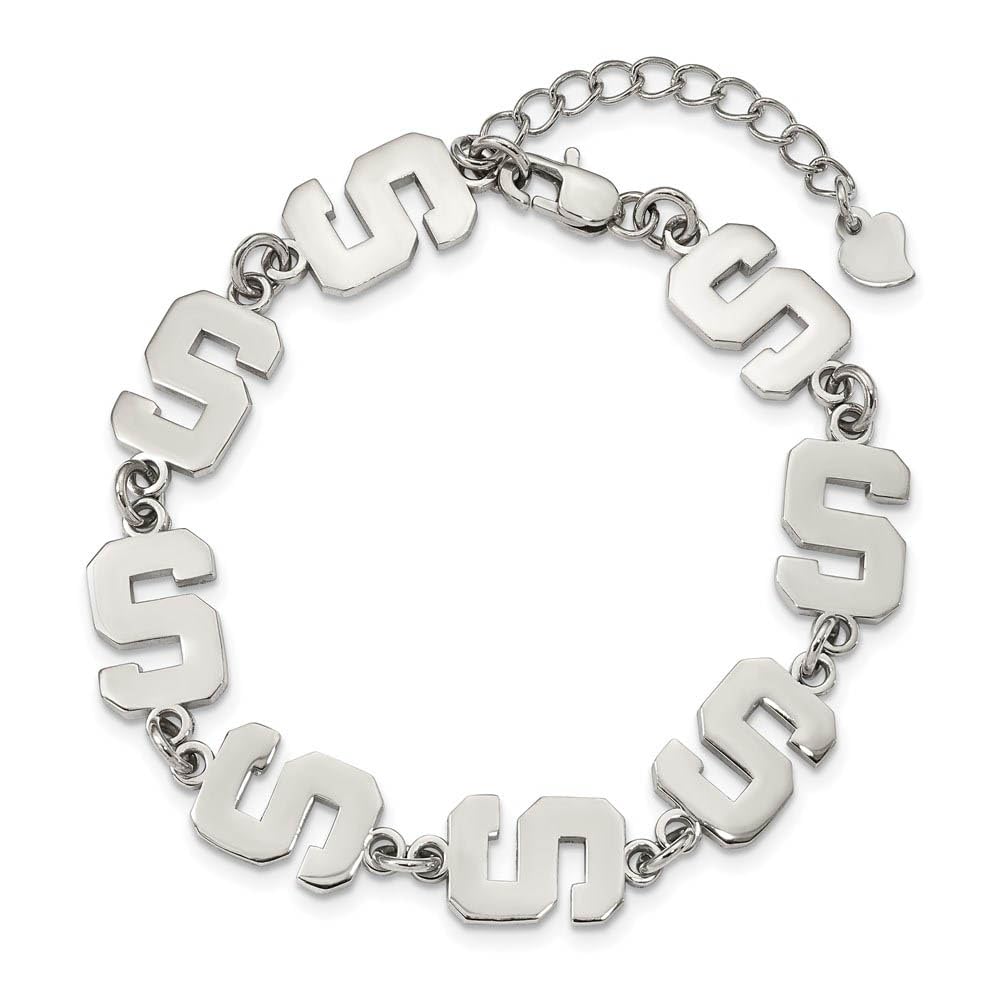 Stainless Steel LogoArt Michigan State University Letter S Links 7 inch Bracelet with 1.5 inch Extender QST515MIS