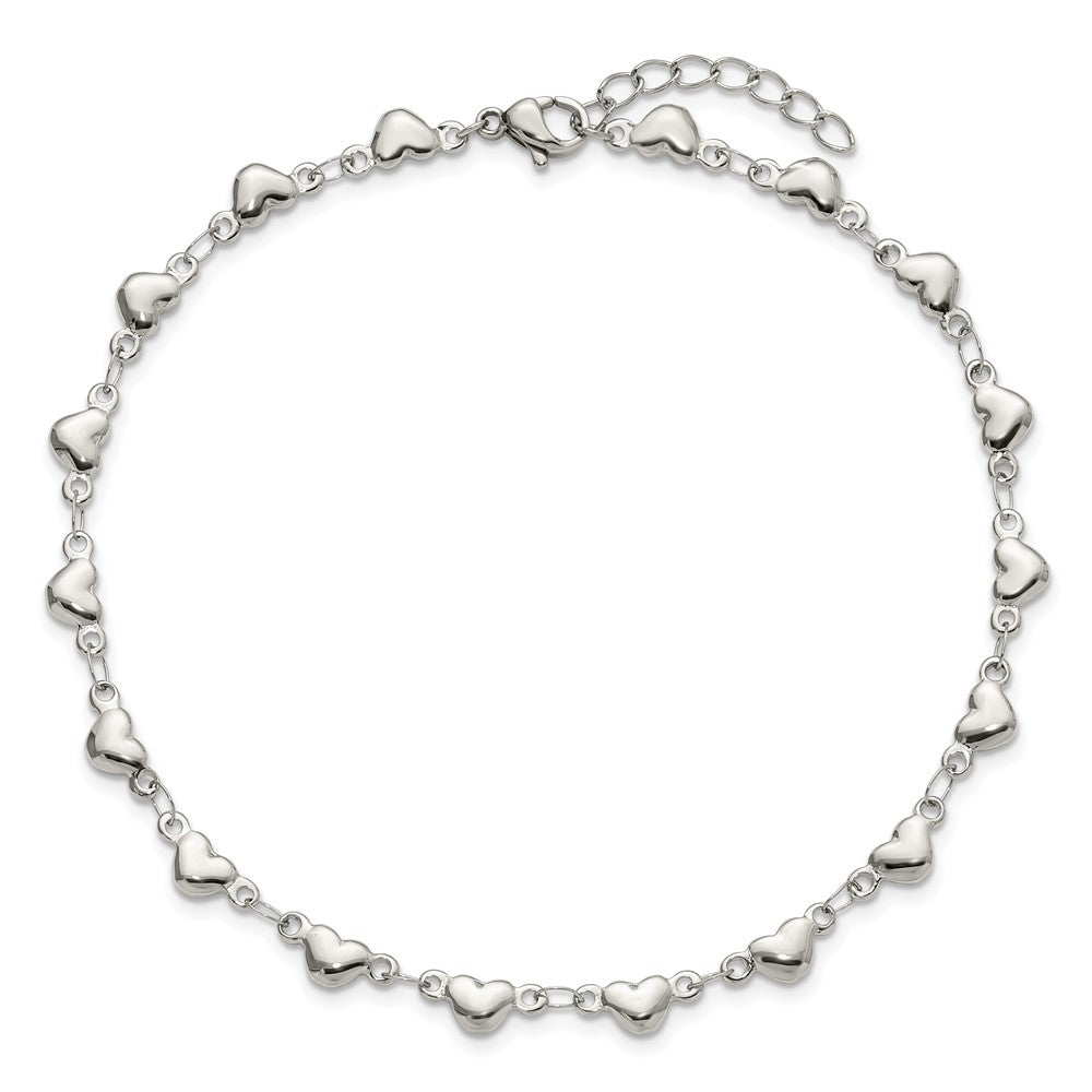 Stainless Steel Polished Hearts 9in Plus 1in ext. Anklet