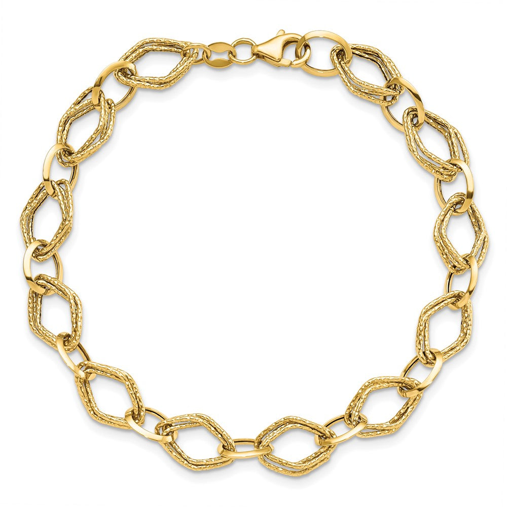 14K Polished and Textured Fancy Link Bracelet 7.5  inches