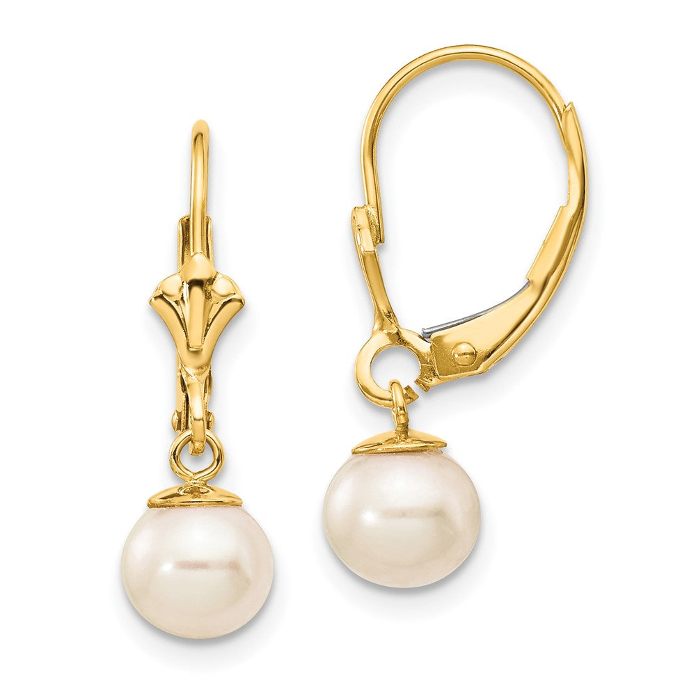 10K 6-7mm White Round Freshwater Cultured Pearl Leverback Earrings
