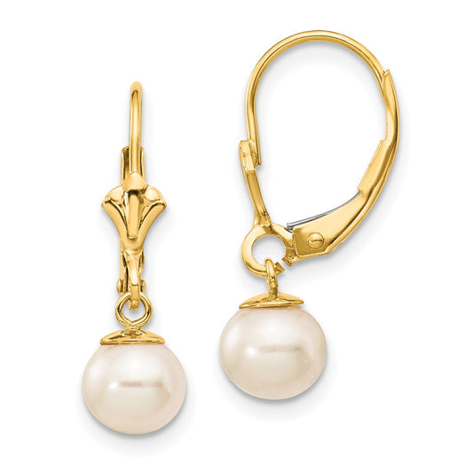 10K 6-7mm White Round Freshwater Cultured Pearl Leverback Earrings