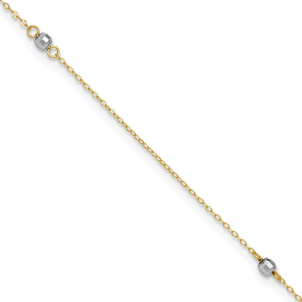 14k Two-tone Mirror Bead 9in Plus 1in ext. Anklet 9 inches