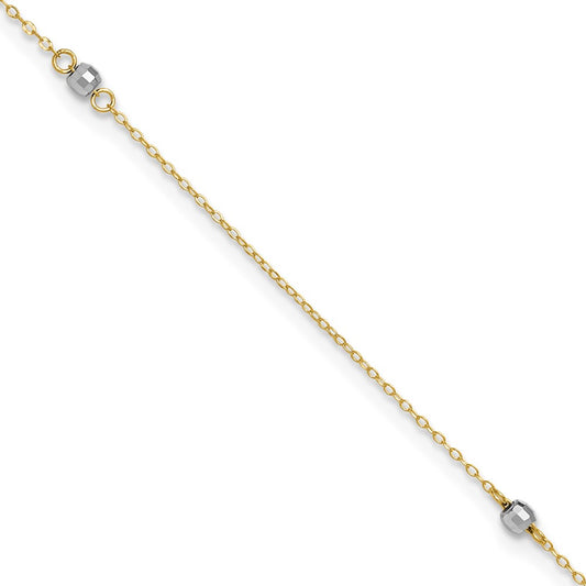 14k Two-tone Mirror Bead 9in Plus 1in ext. Anklet 9 inches